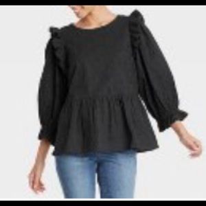 Universal Thread Puff 3/4 Sleeve Cotton Embroidered Ruffle Top Black/Gray XXL